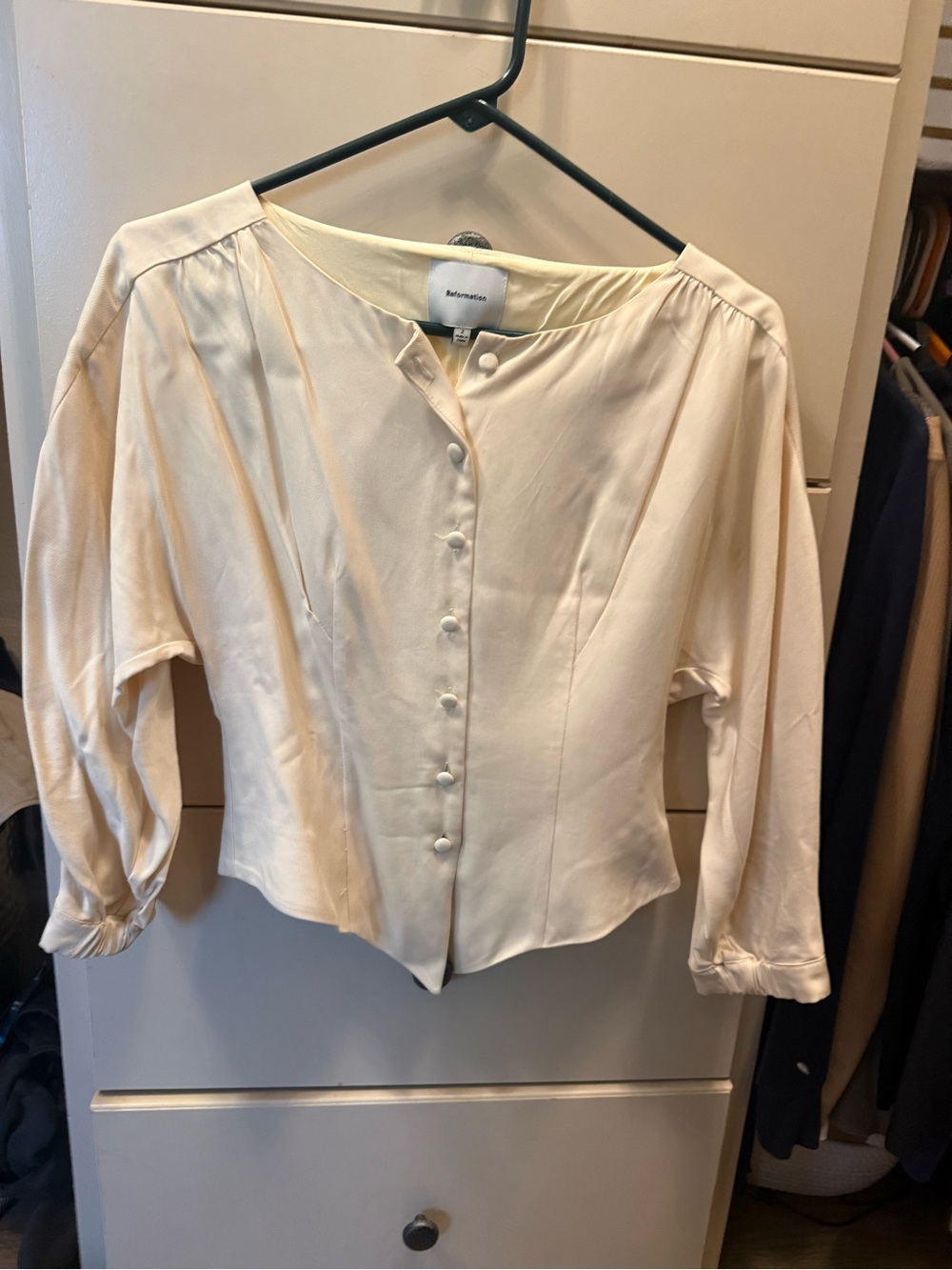 Reformation Cream Button-Front Blouse with Puffed Sleeves